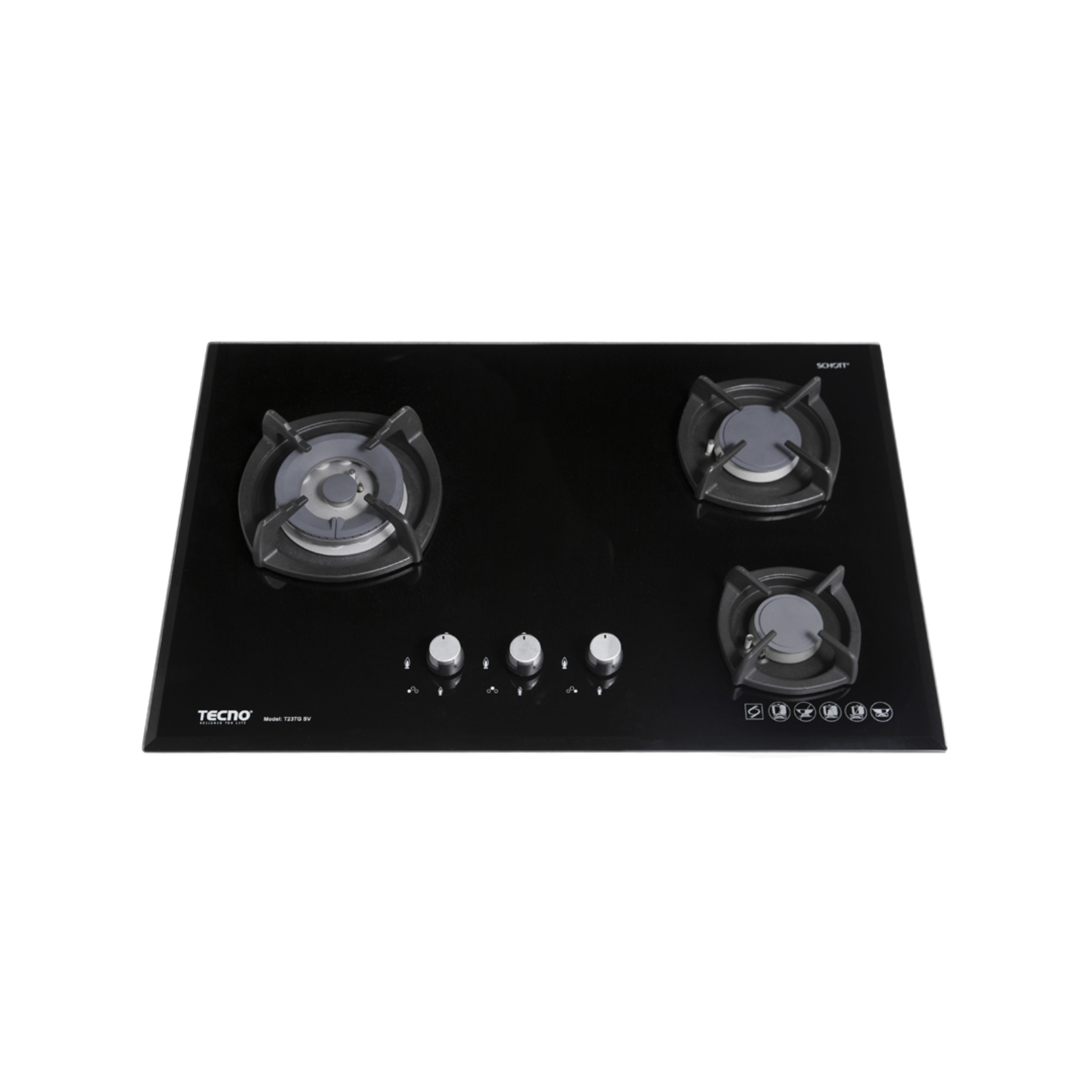 Tecno T23TGSV - 75cm Glass Hob 3 Burners