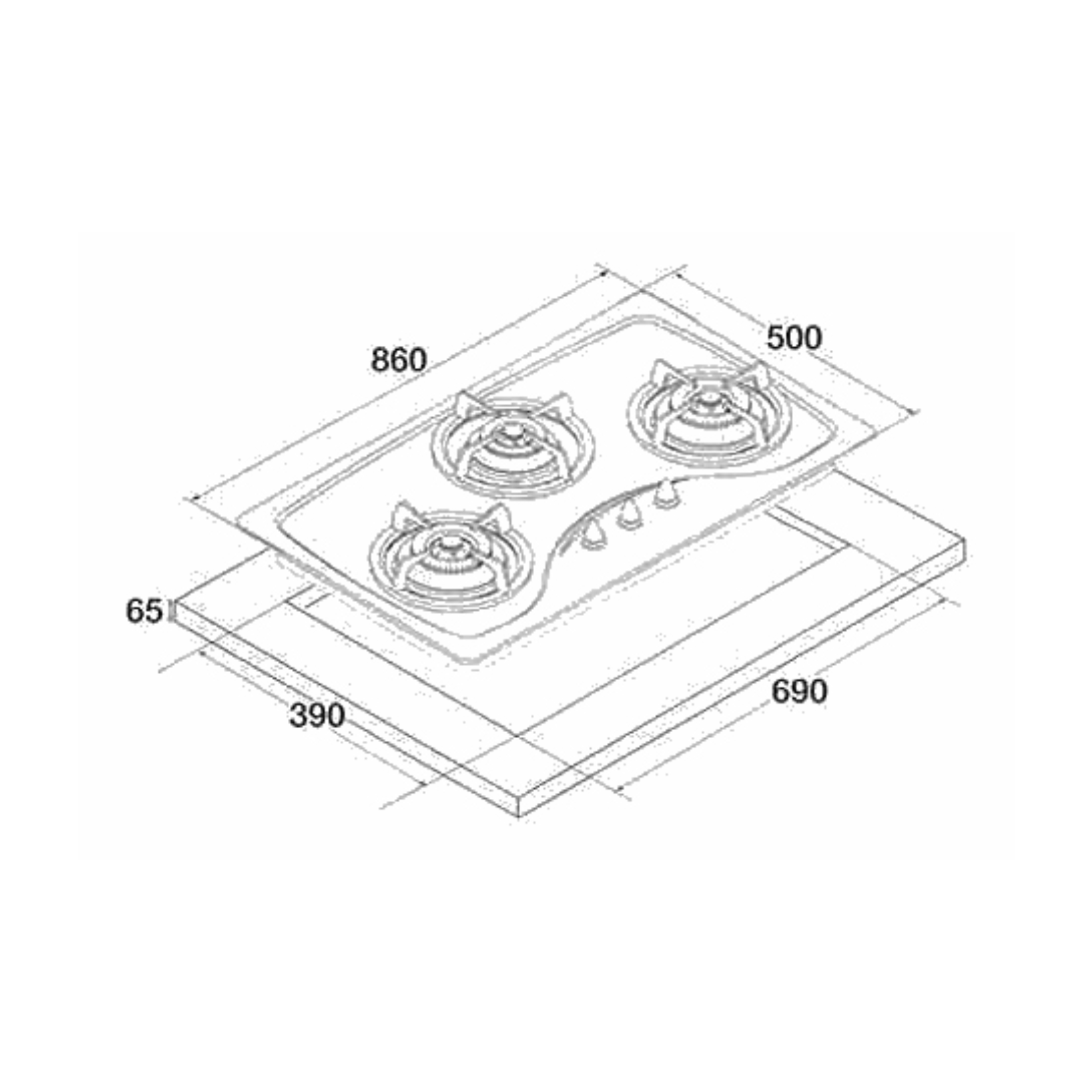 Tecno T333TRSV - 90cm Glass Tempered Gas Hob 3 Burners