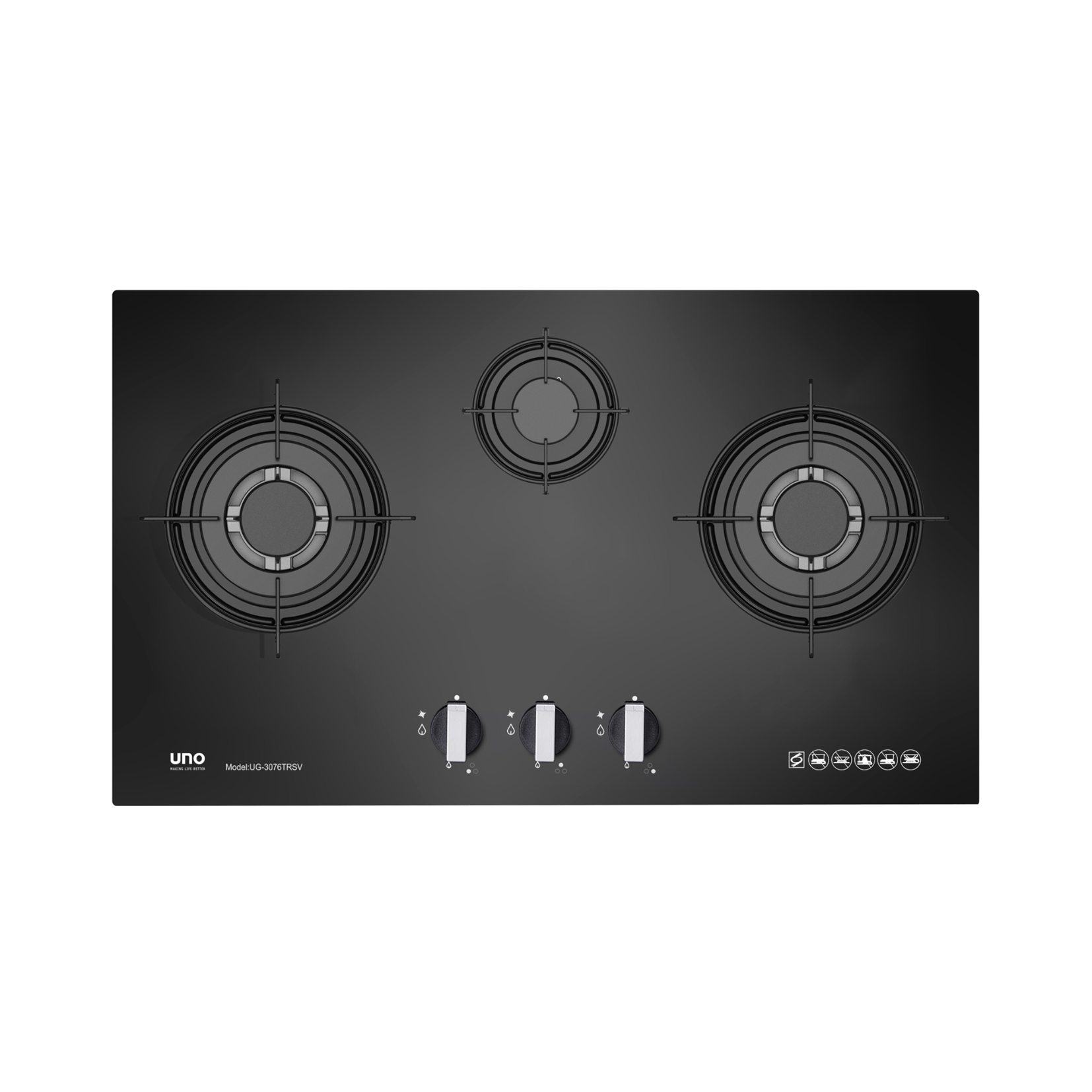 Uno UG 3076TRSV - 76cm Tempered Glass Gas Hob 3 Burners