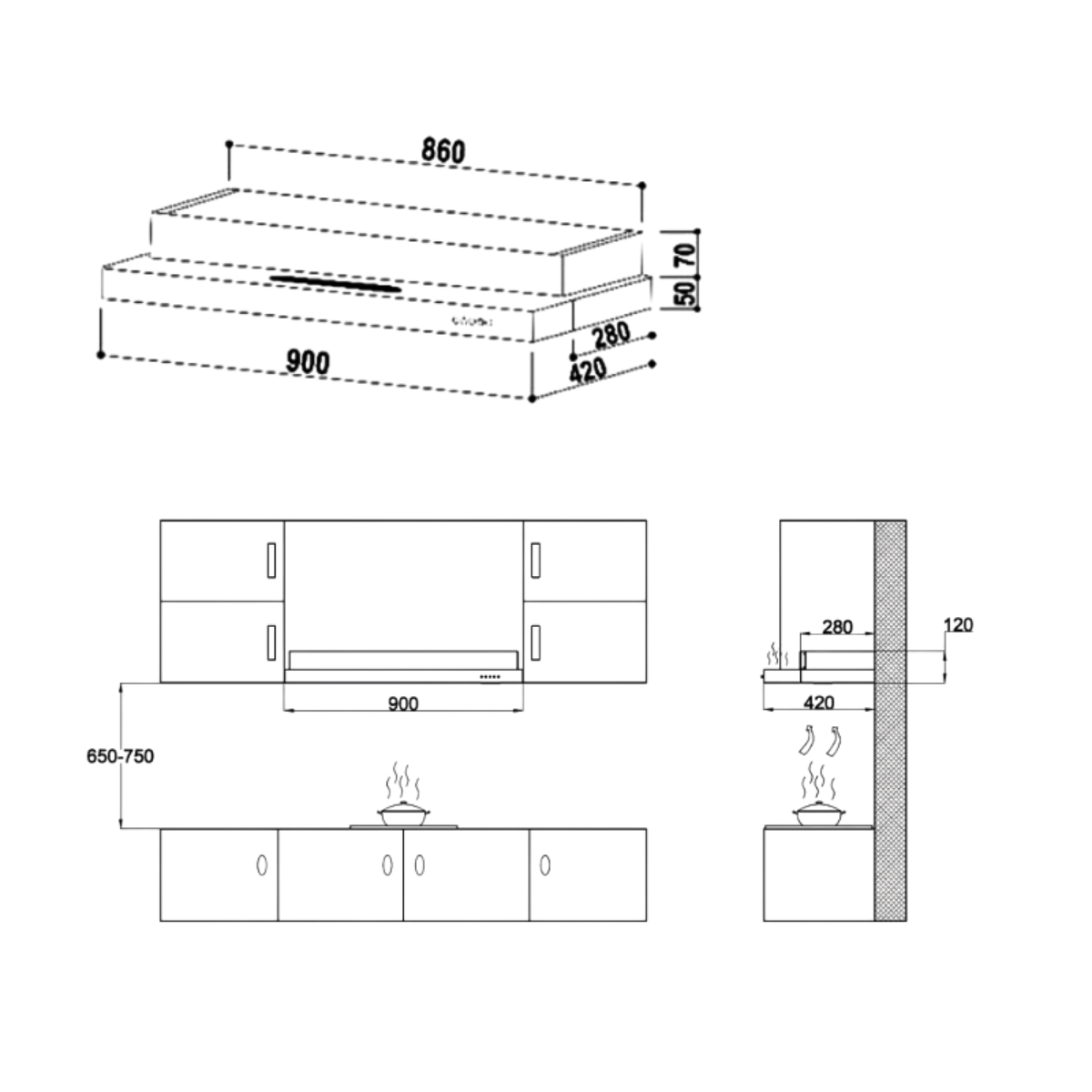 Valenti VH1229MS - 90cm Stainless Steel Semi Integrated Hood