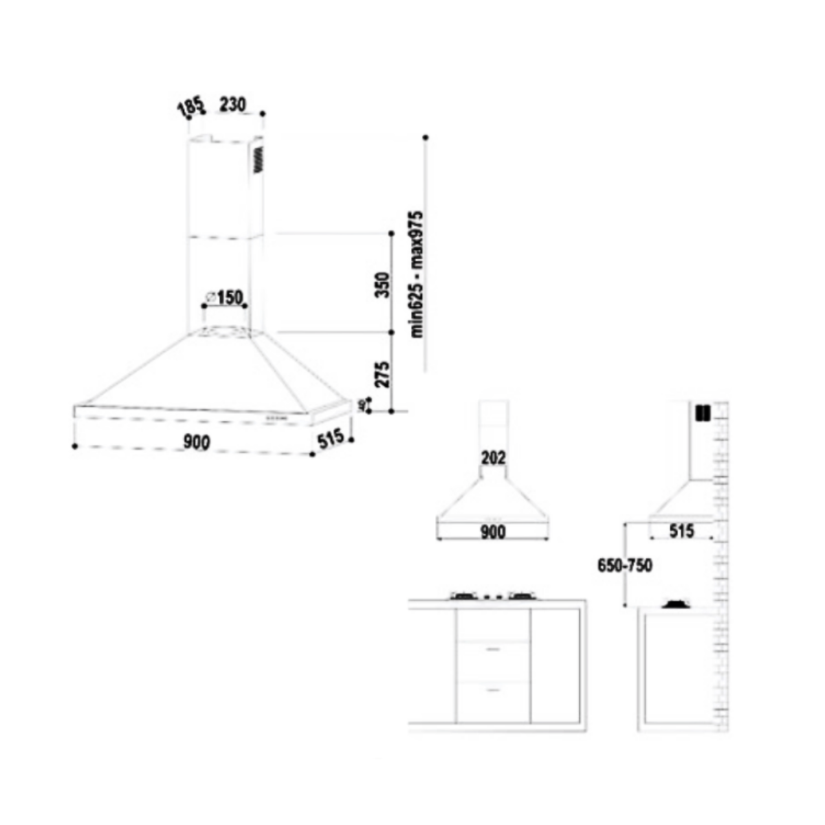 Valenti VH4019MS - 90cm Stainless Steel Chimney Hood
