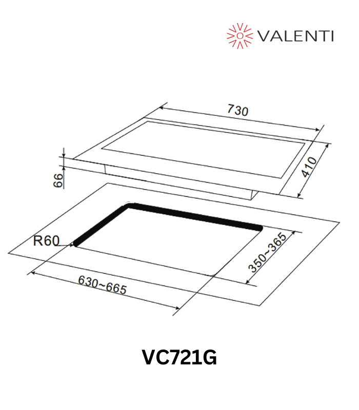 Valenti VC721G - 73cm Tempered Glass Gas Hob 2 Burners