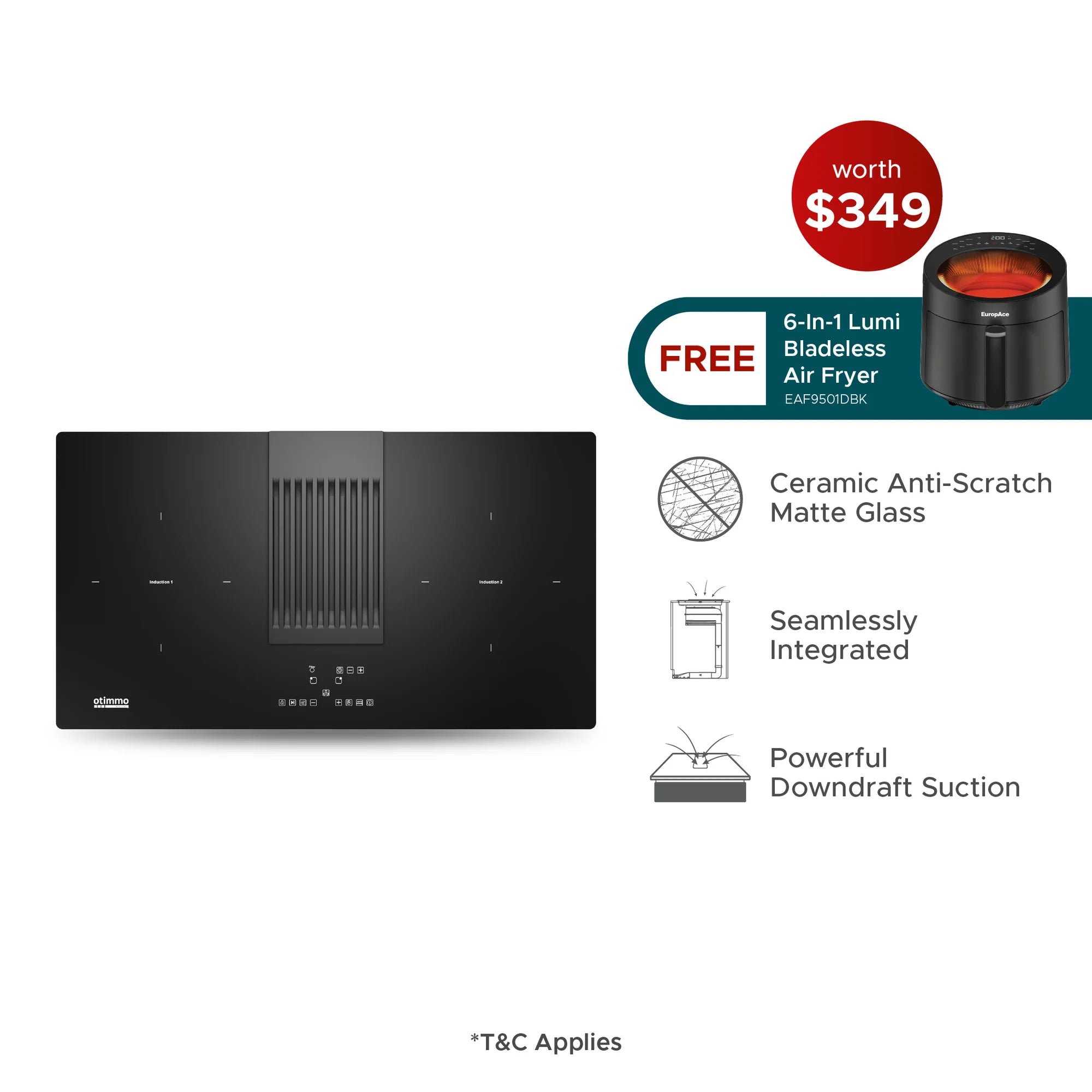 EuropAce EIH8782E - 78cm 2 Zones Induction Hob with Downdraft Hood